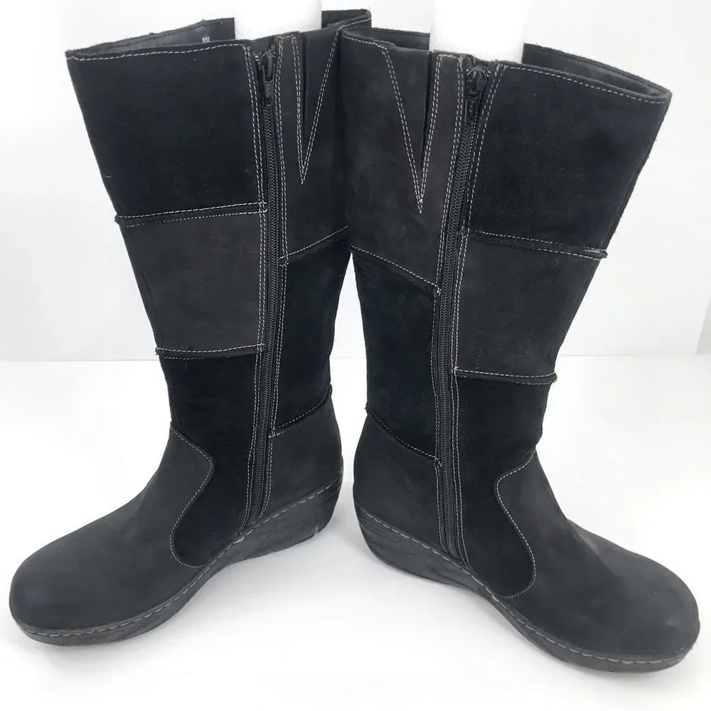 B.O.C. Black Suede Leather Patchwork Side Zip Wedge Heel Tall Boots